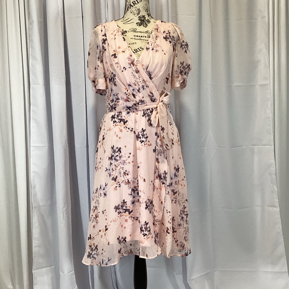 DKNY Blush Pink Floral Wrap Midi Dress